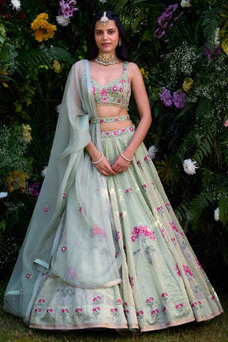 Lehenga Set for Indian Wedding – Smoke Green Zardozi by Shyam Narayan Prasad