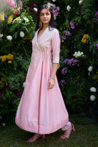 Angrakha Set for Contemporary Wear – Powder Pink Silk Chanderi by Shyam Narayan Prasad