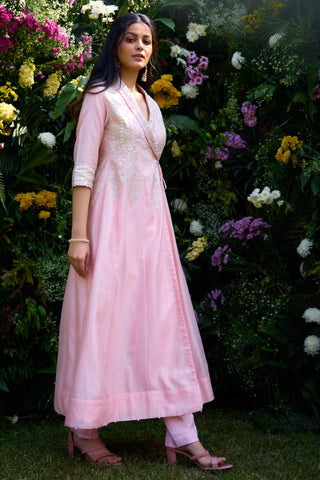 Angrakha Set for Contemporary Wear – Powder Pink Silk Chanderi by Shyam Narayan Prasad