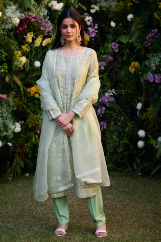 Kurta Set for Indian Wedding – Mist Jade Green Silk Chanderi by Shyam Narayan Prasad