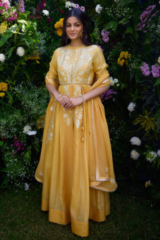 Anarkali Set for Indian Wedding – Saffron Chanderi Brocade by Shyam Narayan Prasad