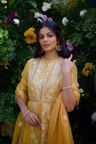 Anarkali Set for Indian Wedding – Saffron Chanderi Brocade by Shyam Narayan Prasad