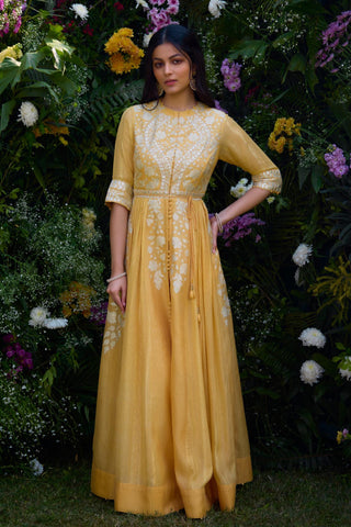 Anarkali Set for Indian Wedding – Saffron Chanderi Brocade by Shyam Narayan Prasad