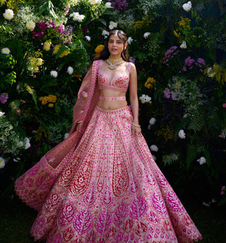 Lehenga Set for Indian Wedding – Peach Pink & Ribbon Red by Shyam Narayan Prasad
