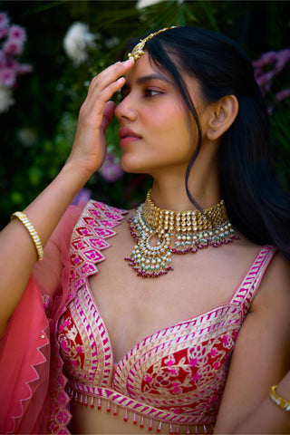 Lehenga Set for Indian Wedding – Peach Pink & Ribbon Red by Shyam Narayan Prasad
