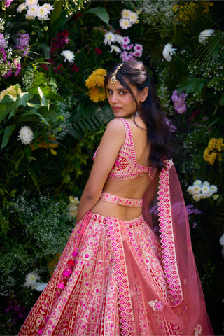 Lehenga Set for Indian Wedding – Peach Pink & Ribbon Red by Shyam Narayan Prasad