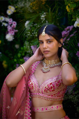 Lehenga Set for Indian Wedding – Peach Pink & Ribbon Red by Shyam Narayan Prasad