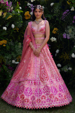 Lehenga Set for Indian Wedding – Peach Pink & Ribbon Red by Shyam Narayan Prasad