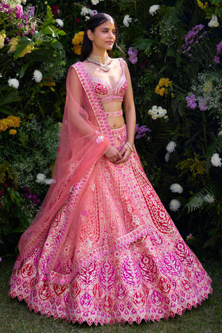 Pink and ribbon red festive wedding lehenga set