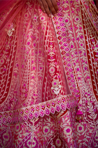 Lehenga Set for Indian Wedding – Peach Pink & Ribbon Red by Shyam Narayan Prasad