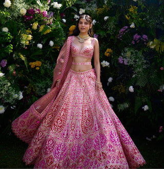 Lehenga Set for Indian Wedding – Peach Pink & Ribbon Red by Shyam Narayan Prasad