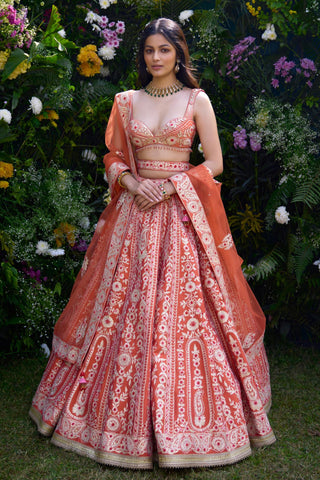 Lehenga Set for Indian Wedding – Vermillion Orange Raw Silk by Shyam Narayan Prasad