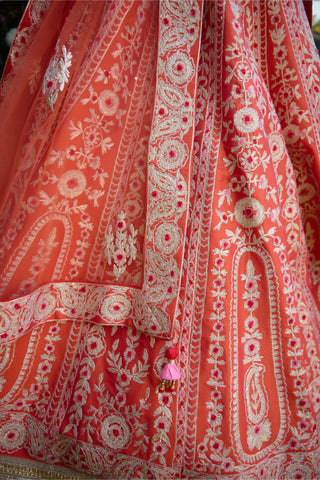 Lehenga Set for Indian Wedding – Vermillion Orange Raw Silk by Shyam Narayan Prasad