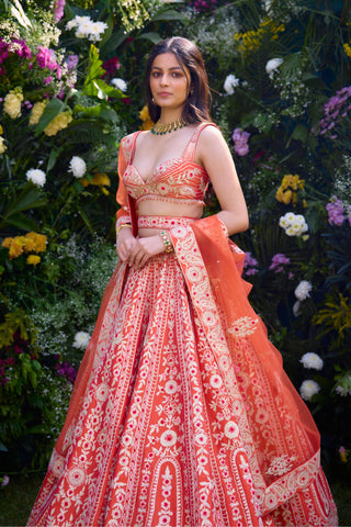 Lehenga Set for Indian Wedding – Vermillion Orange Raw Silk by Shyam Narayan Prasad