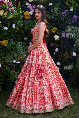 Lehenga Set for Indian Wedding – Vermillion Orange Raw Silk by Shyam Narayan Prasad