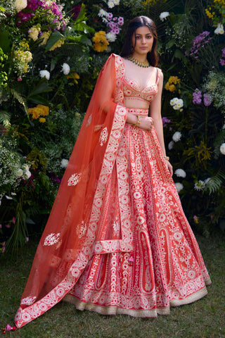 Lehenga Set for Indian Wedding – Vermillion Orange Raw Silk by Shyam Narayan Prasad