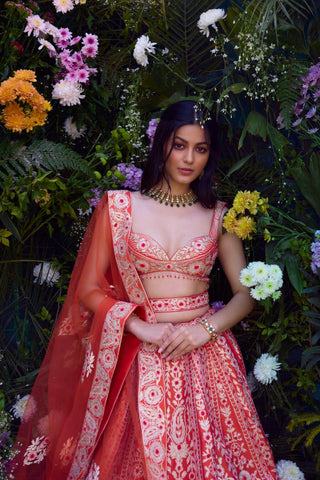 Lehenga Set for Indian Wedding – Vermillion Orange Raw Silk by Shyam Narayan Prasad