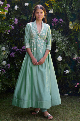 Angrakha Set for Contemporary Wear – Bermuda Green Silk Chanderi by Shyam Narayan Prasad