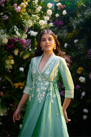 Angrakha Set for Contemporary Wear – Bermuda Green Silk Chanderi by Shyam Narayan Prasad