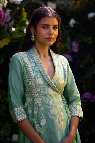Angrakha Set for Contemporary Wear – Bermuda Green Silk Chanderi by Shyam Narayan Prasad