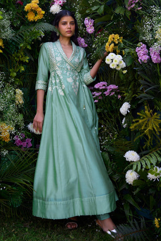 Angrakha Set for Contemporary Wear – Bermuda Green Silk Chanderi by Shyam Narayan Prasad