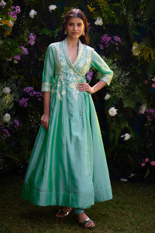 Angrakha Set for Contemporary Wear – Bermuda Green Silk Chanderi by Shyam Narayan Prasad