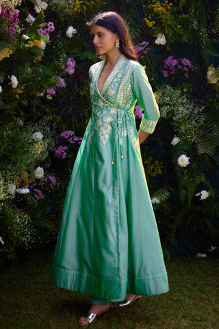 Angrakha Set for Contemporary Wear – Bermuda Green Silk Chanderi by Shyam Narayan Prasad