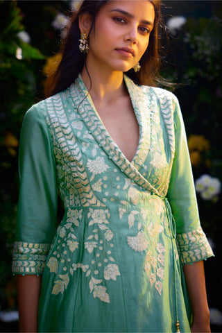 Angrakha Set for Contemporary Wear – Bermuda Green Silk Chanderi by Shyam Narayan Prasad