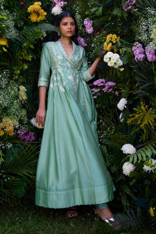 Angrakha Set for Contemporary Wear – Bermuda Green Silk Chanderi by Shyam Narayan Prasad