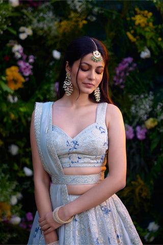 Lehenga Set for Indian Wedding – Illusion Blue Block Printed Silk Chanderi by Shyam Narayan Prasad