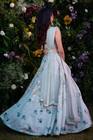 Lehenga Set for Indian Wedding – Illusion Blue Block Printed Silk Chanderi by Shyam Narayan Prasad