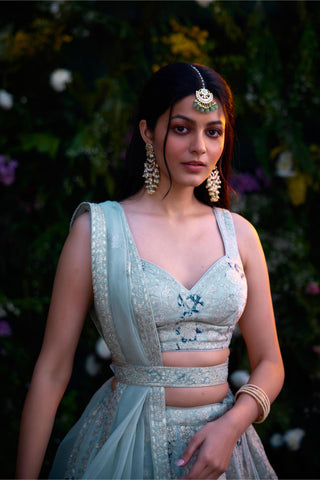 Lehenga Set for Indian Wedding – Illusion Blue Block Printed Silk Chanderi by Shyam Narayan Prasad