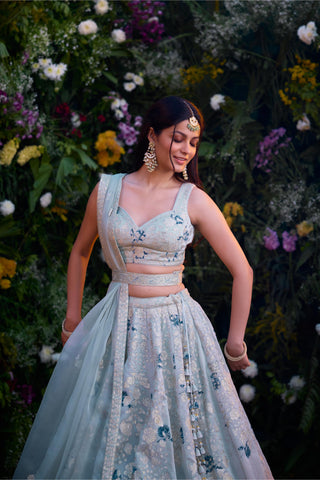 Lehenga Set for Indian Wedding – Illusion Blue Block Printed Silk Chanderi by Shyam Narayan Prasad