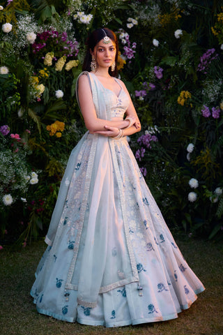 Lehenga Set for Indian Wedding – Illusion Blue Block Printed Silk Chanderi by Shyam Narayan Prasad