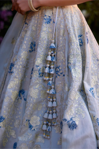 Lehenga Set for Indian Wedding – Illusion Blue Block Printed Silk Chanderi by Shyam Narayan Prasad