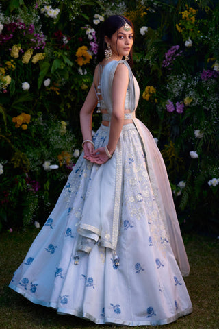 Lehenga Set for Indian Wedding – Illusion Blue Block Printed Silk Chanderi by Shyam Narayan Prasad