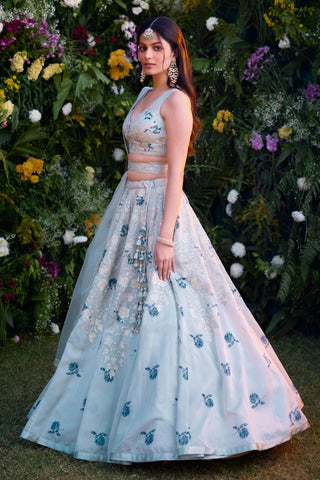 Lehenga Set for Indian Wedding – Illusion Blue Block Printed Silk Chanderi by Shyam Narayan Prasad