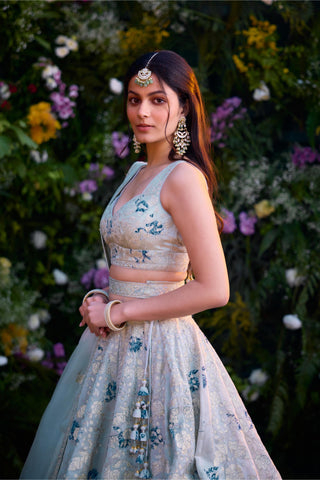 Lehenga Set for Indian Wedding – Illusion Blue Block Printed Silk Chanderi by Shyam Narayan Prasad