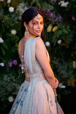 Lehenga Set for Indian Wedding – Illusion Blue Block Printed Silk Chanderi by Shyam Narayan Prasad