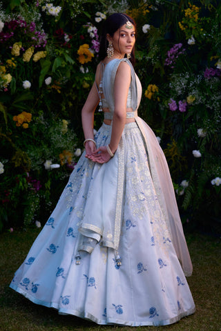 Lehenga Set for Indian Wedding – Illusion Blue Block Printed Silk Chanderi by Shyam Narayan Prasad