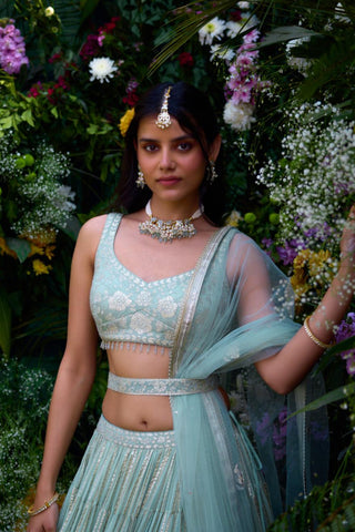 Lehenga Set for Indian Wedding – Morning Mist Blue Lurex by Shyam Narayan Prasad