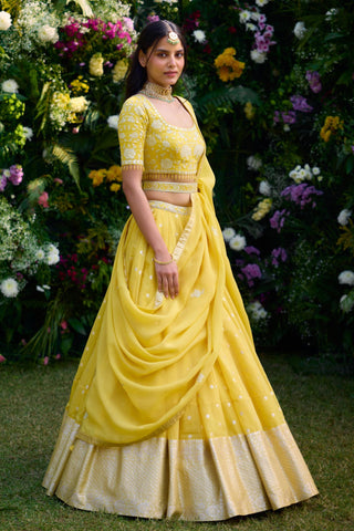 Lehenga Set for Indian Wedding – Daffodil Yellow Lurex by Shyam Narayan Prasad