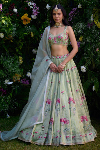 Lehenga Set for Indian Wedding – Smoke Green Zardozi by Shyam Narayan Prasad