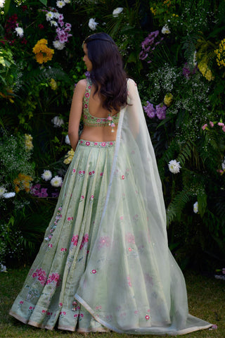 Lehenga Set for Indian Wedding – Smoke Green Zardozi by Shyam Narayan Prasad