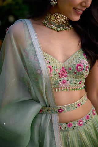 Lehenga Set for Indian Wedding – Smoke Green Zardozi by Shyam Narayan Prasad