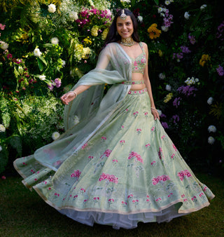 Lehenga Set for Indian Wedding – Smoke Green Zardozi by Shyam Narayan Prasad