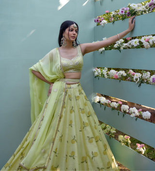 Lehenga Set for Indian Wedding – Canary Yellow Block Prints by Shyam Narayan Prasad