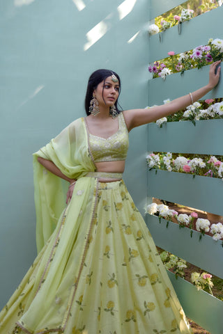 Lehenga Set for Indian Wedding – Canary Yellow Block Prints by Shyam Narayan Prasad