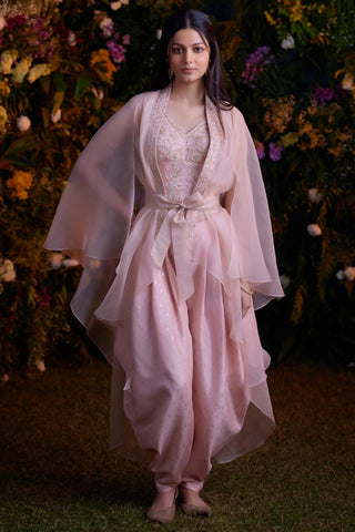 Contemporary Wear – Shell Pink Zardozi Top with Cape by Shyam Narayan Prasad