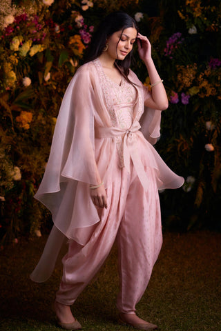 Contemporary Wear – Shell Pink Zardozi Top with Cape by Shyam Narayan Prasad